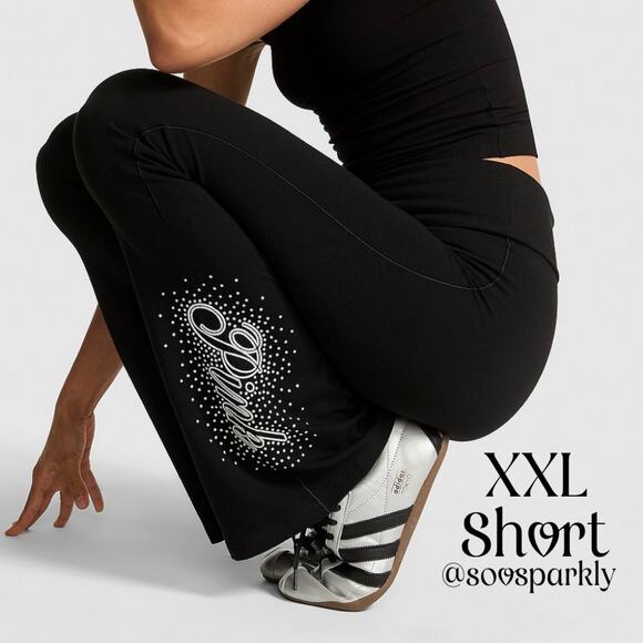 PINK Victoria's Secret Pants - Victoria’s Secret PINK Pure Black Bling Shine Leg Foldover Waist Flare Leggings